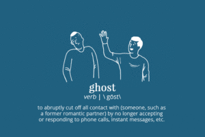 Merriam-Webster dictionary: Ghost. Verb. To abruptly cut off all contact with (someone, such as a former romantic partner) by no longer accepting or responding to phone call, instant messages, etc.