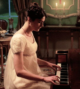 Gif of Jane Fairfax playing the pianoforte in the 2020 film Emma