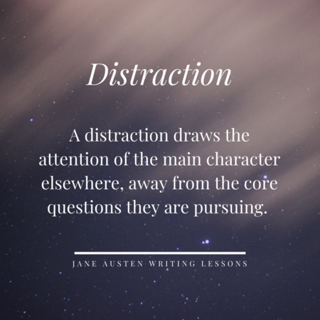 Distraction: A distraction draws the attention of the main character elsewhere, away from the core questions they are pursuing. Jane Austen Writing Lessons