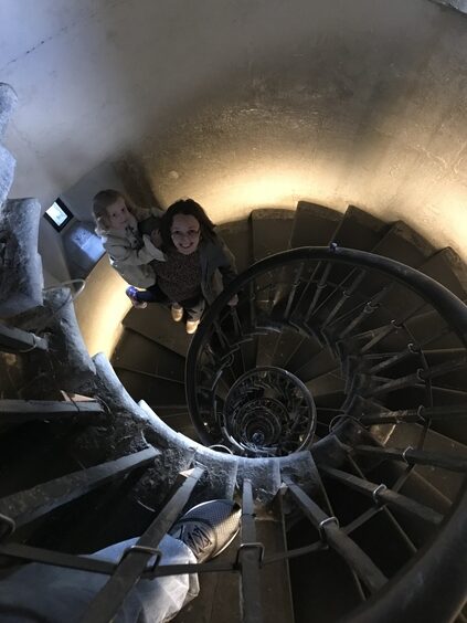 Descending the steps at the Monument to the Great Fire