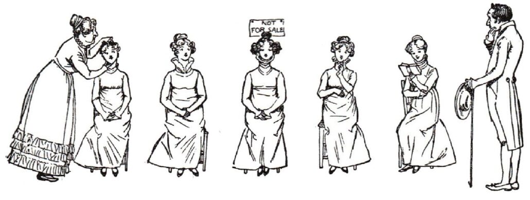 Hugh Thomson 1894 illustration from Pride and Prejudice. Five sisters sit on chairs, as if on display, and Mr. Collins inspects them. Mrs. Bennet adjusts the pose of one of her daughters. Jane has a sign over her head that says "Not for sale"