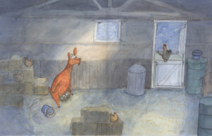 A watercolor illustration of a curious goat sitting on a nest of chicken eggs in a barn. Art by Anna Lunt.