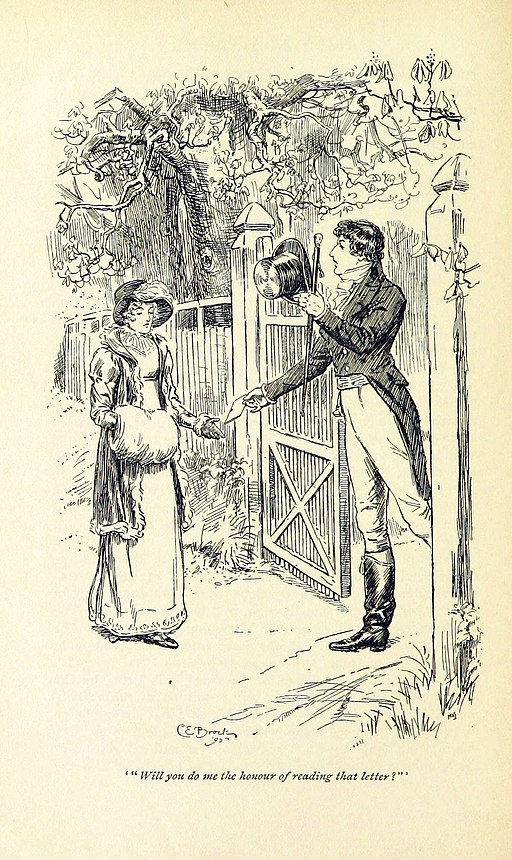 Illustration by C E Brock -- Mr. Darcy greets Elizabeth at the gate. He holds out a letter. Text reads, "Will you do me the honour of reading that letter?"