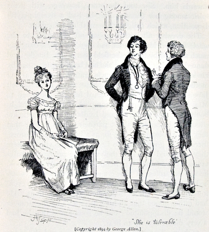 Illustration from 1894 by Hugh Thomson, featuring Jane overhearing Mr. Darcy tell Mr. Bingley "She is tolerable"
