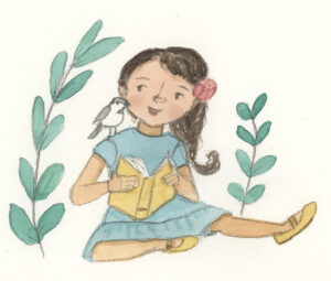 Whimsical watercolor illustration of a young girl reading a book as a bird sits on her shoulder. Art by Anna Lunt.