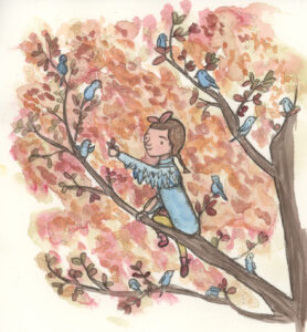 Whimsical watercolor illustration of a girl in an autumn tree, surrounded by both red leaves and blue birds. Art by Anna Lunt.