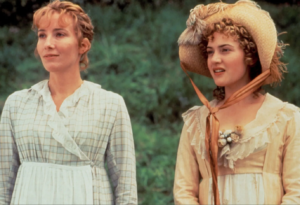 Elinor and Marianne in the 1995 version of Pride and Prejudice. Marianne is younger, and her gown has more color; she wears a fashionable hat while Elinor wears none.