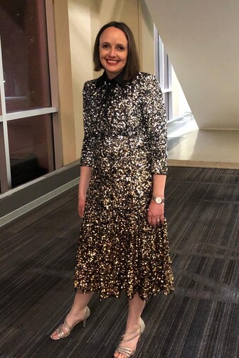 Katherine Cowley in her dress for the Whitney Awards