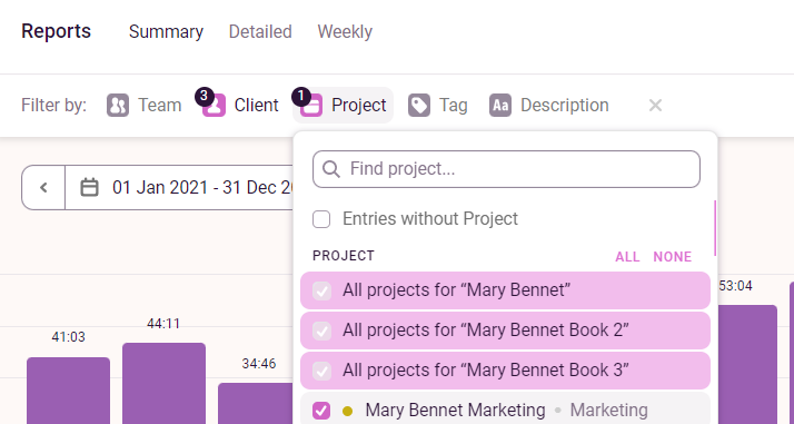 Adding a project category to a focused report in Toggl