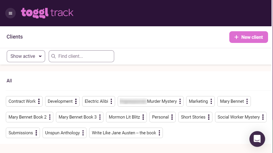 The Clients view in Toggl Track, where you can create "Clients" for each of your big picture writing goals/tasks