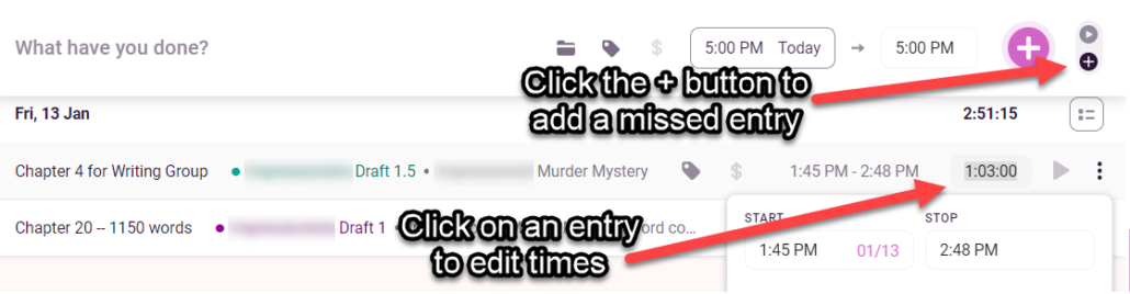 Editing an Entry - Click the + button to add a missed entry. Click on an entry to edit times.