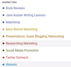 Marketing Category: Book Reviews; Jane Austen Writing Lessons; Mailchimp; Mary Bennet Marketing; Presentations, Guest Blogging, Networking; Researching Marketing; Social Media Promotion; Twitter Outreach; Website