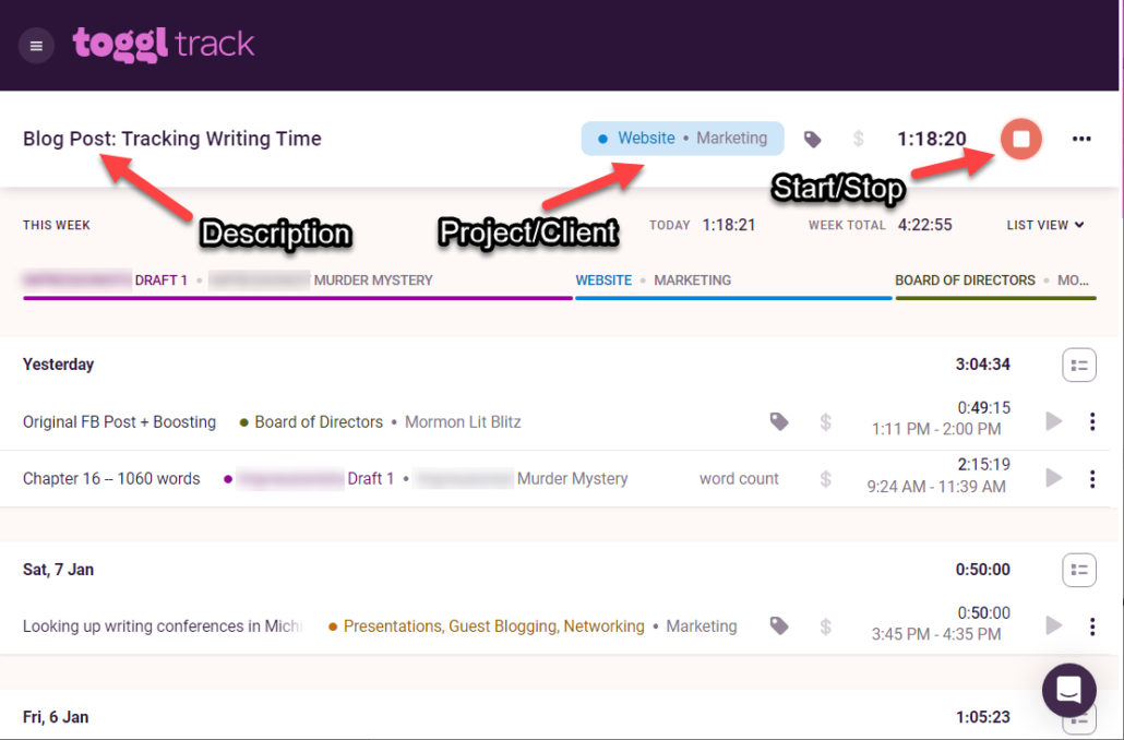 The Toggl Track View, with place to type a Description; Ability to Select the Project and Client; and a Start/Stop Button