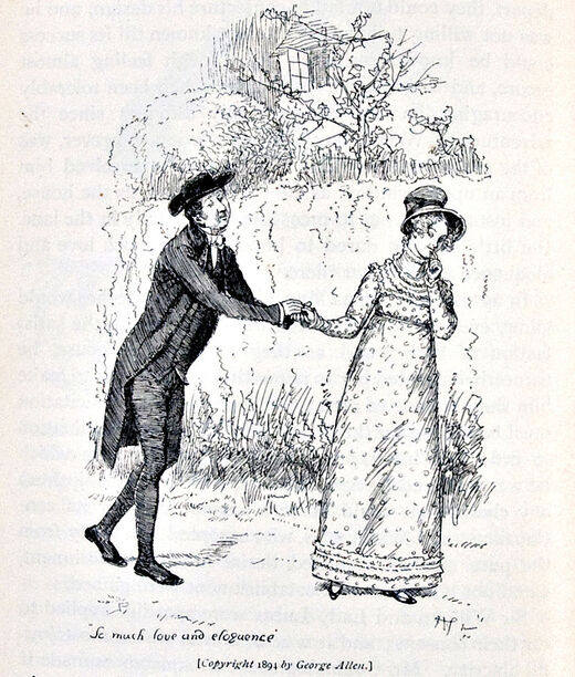 Mr. Collins proposes to Charlotte Lucas with "so much love and elegance." 1894 illustration by George Allen.