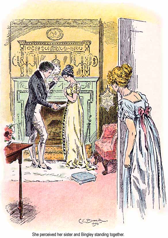 An 1895 Illustration by CE Brock of Jane and Bingley standing close together next to the fireplace. Bingley holds Jane's hand, and Elizabeth peeks around the corner of the door.