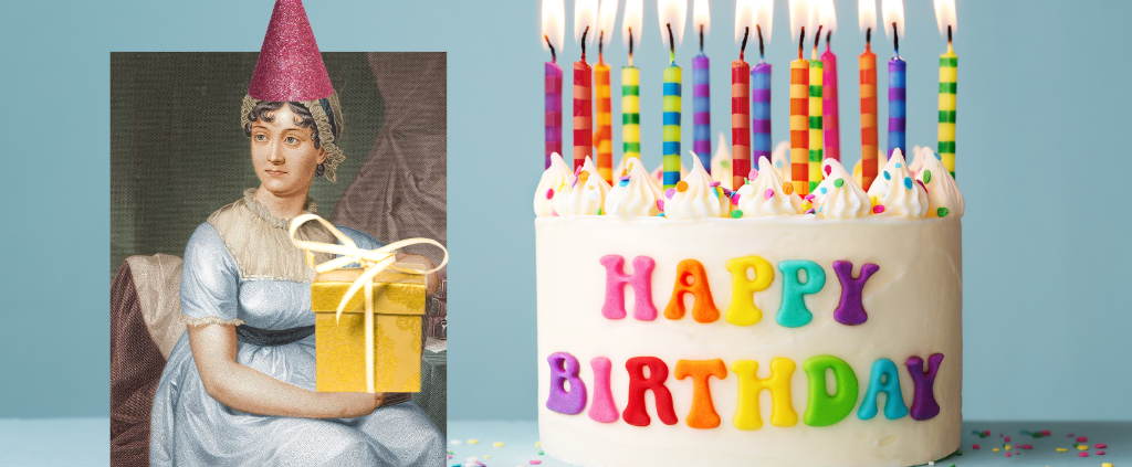 Jane Austen celebrating her birthday. Austen wears a birthday hat, holds a birthday present, and sits next to a birthday cake covered with candles.