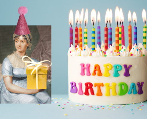 Jane Austen celebrating her birthday. Austen wears a birthday hat, holds a birthday present, and sits next to a birthday cake covered with candles.