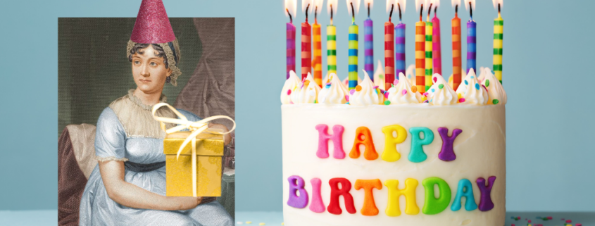 Jane Austen celebrating her birthday. Austen wears a birthday hat, holds a birthday present, and sits next to a birthday cake covered with candles.